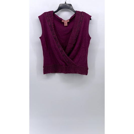 BANDOLINO Women's Maroon Eyelet Surplice Sleeveless Faux-Wrap Top SZ S