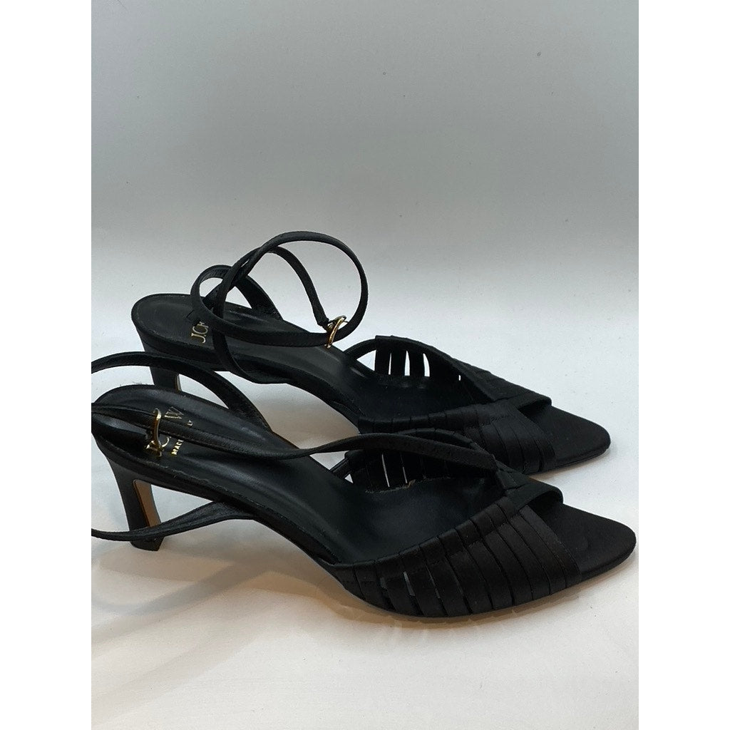 J.CREW Women's Black Satin Strappy Peep-Toe Ankle Strap Heeled Sandals SZ 8.5