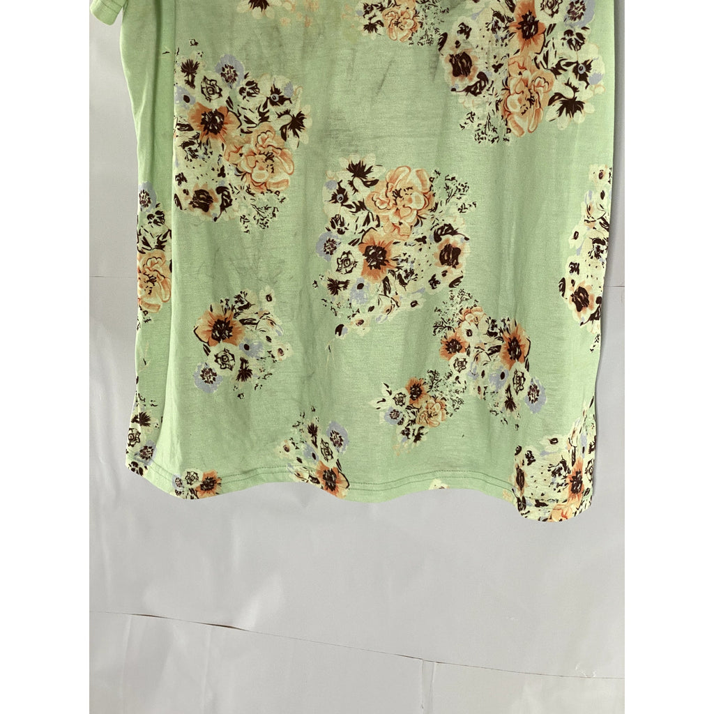 UNBRANDED Women's Light Green Floral Print V-Neck Short Sleeve Top SZ XL