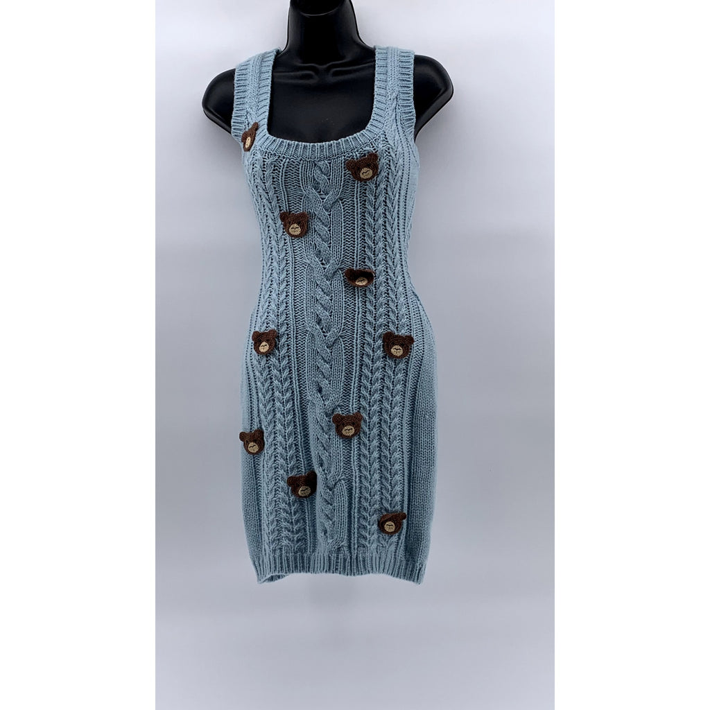 DOLLSKILL Women’s Blue Crochet Knit 3D Bear Head Scoop-Neck Mini Dress SZ M