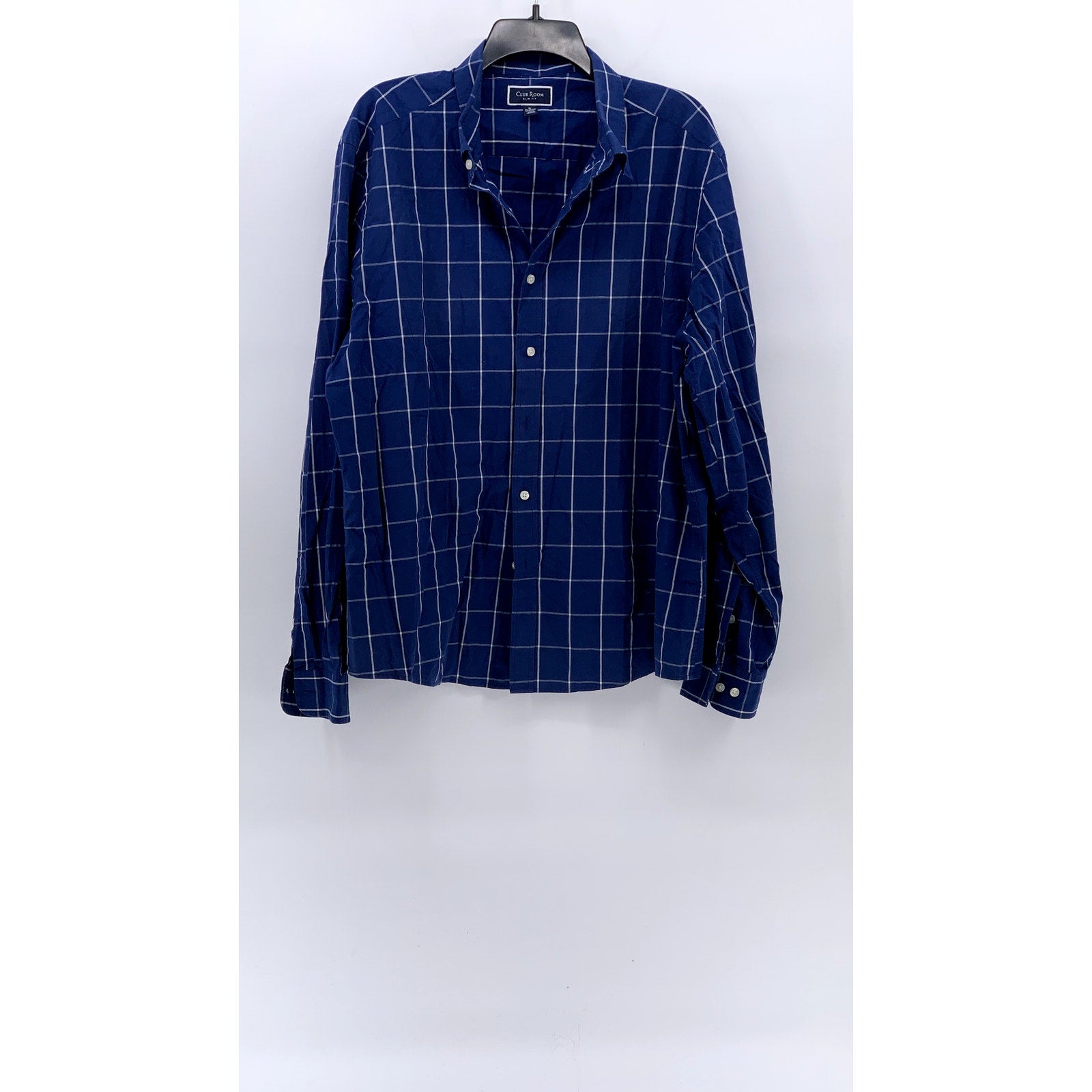 CLUB ROOM Men's Dark Blue Windowpane Slim-Fit Button-Up Long Sleeve Shirt SZ XL