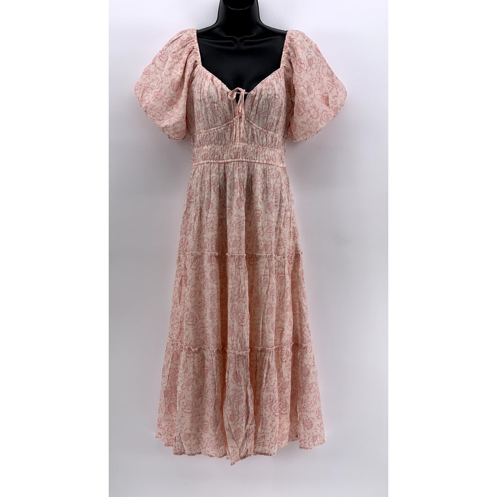 TRIXXI Women's Pink Floral Smocked V-Neck Maxi Dress SZ S