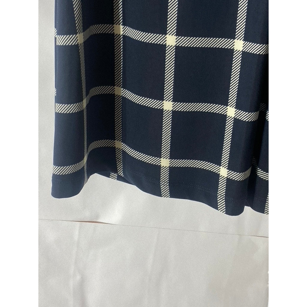 TOMMY HILFIGER Women's Navy Checkered Crewneck Long Sleeve Knee Length Dress SZS