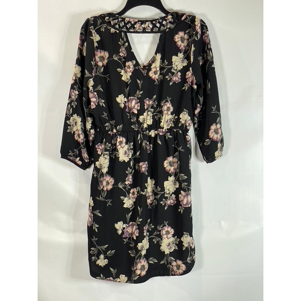 SKIES ARE BLUE Women's Black Floral Print Bronwyn V-Neck Long Sleeve Dress SZ S