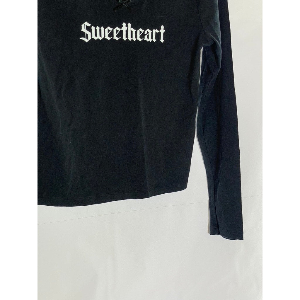 URBAN OUTFITTERS Women's Black-White 'Sweetheart' Fitted Long Sleeve Top SZ XL