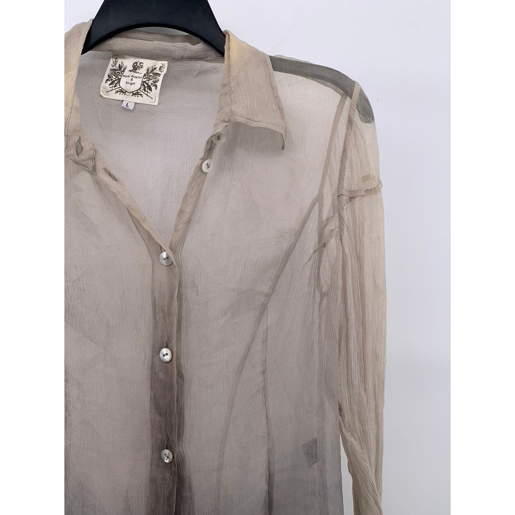 NIGEL PRESTON & KNIGHT Women’s Tan-Black Button-Up Long Sleeve Sheer Top SZ L