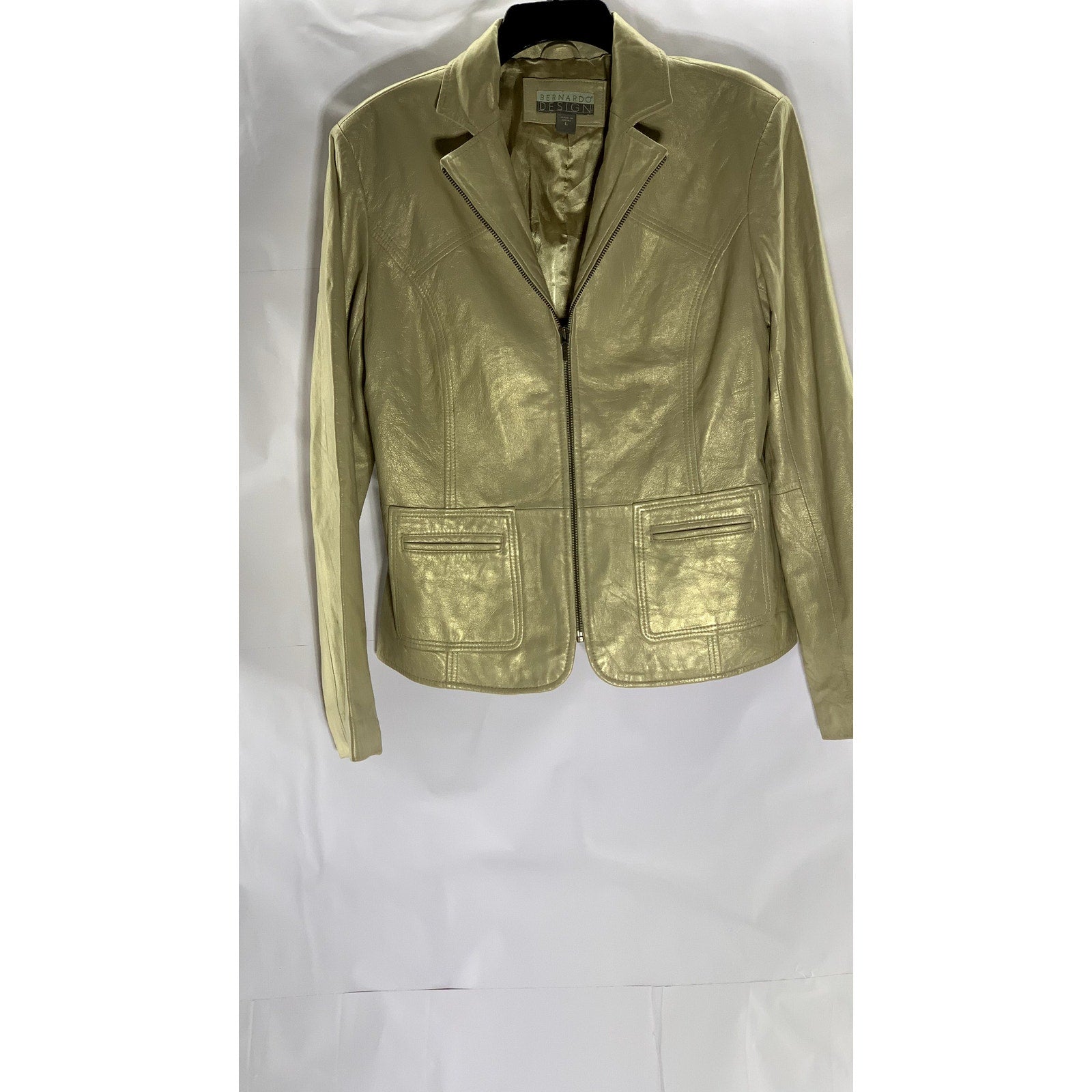 BERNARDO DESIGN Women's Vintage Gold Leather Notch Lapel Zip-Up Jacket SZ L