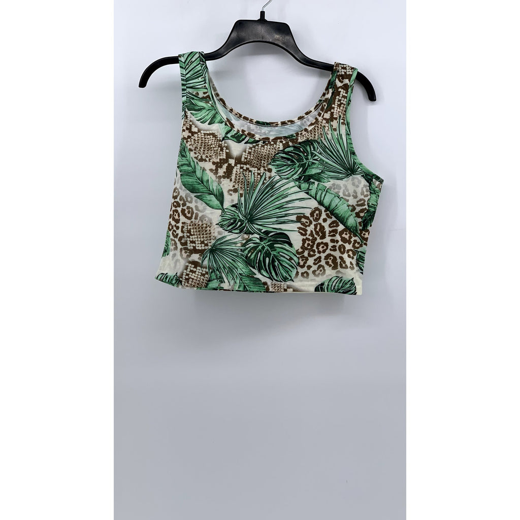 UNBRANDED Women's White-Green Tropical Print 2-Pc Skirt Tank Set SZ L/XL