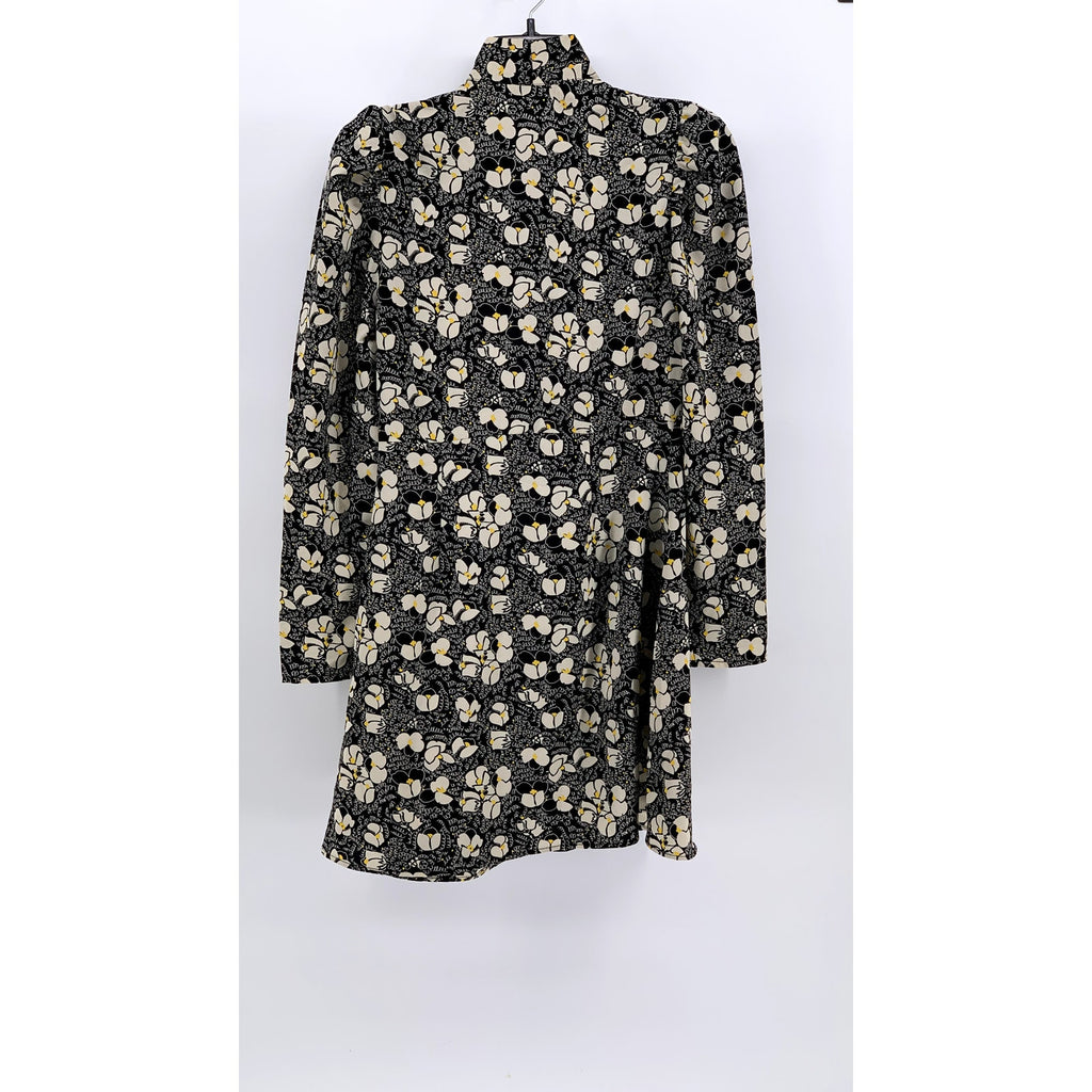 TOPSHOP Women's Black Floral Print Tie Neck Long Sleeve Mini Dress SZ 4