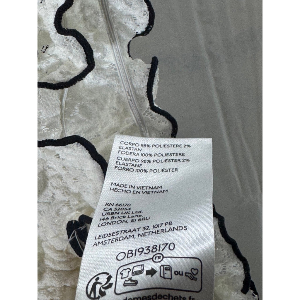 URBAN OUTFITTERS Women's White/Black Lettuce-Trim Floral Lace Tie-Front Top SZ S