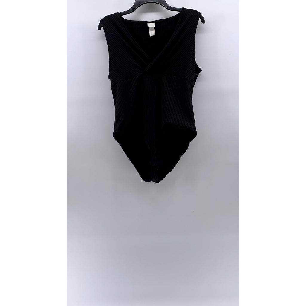 H&M Women's Black Wide Rib V-Neck Full-Coverage Sleeveless Bodysuit SZ L