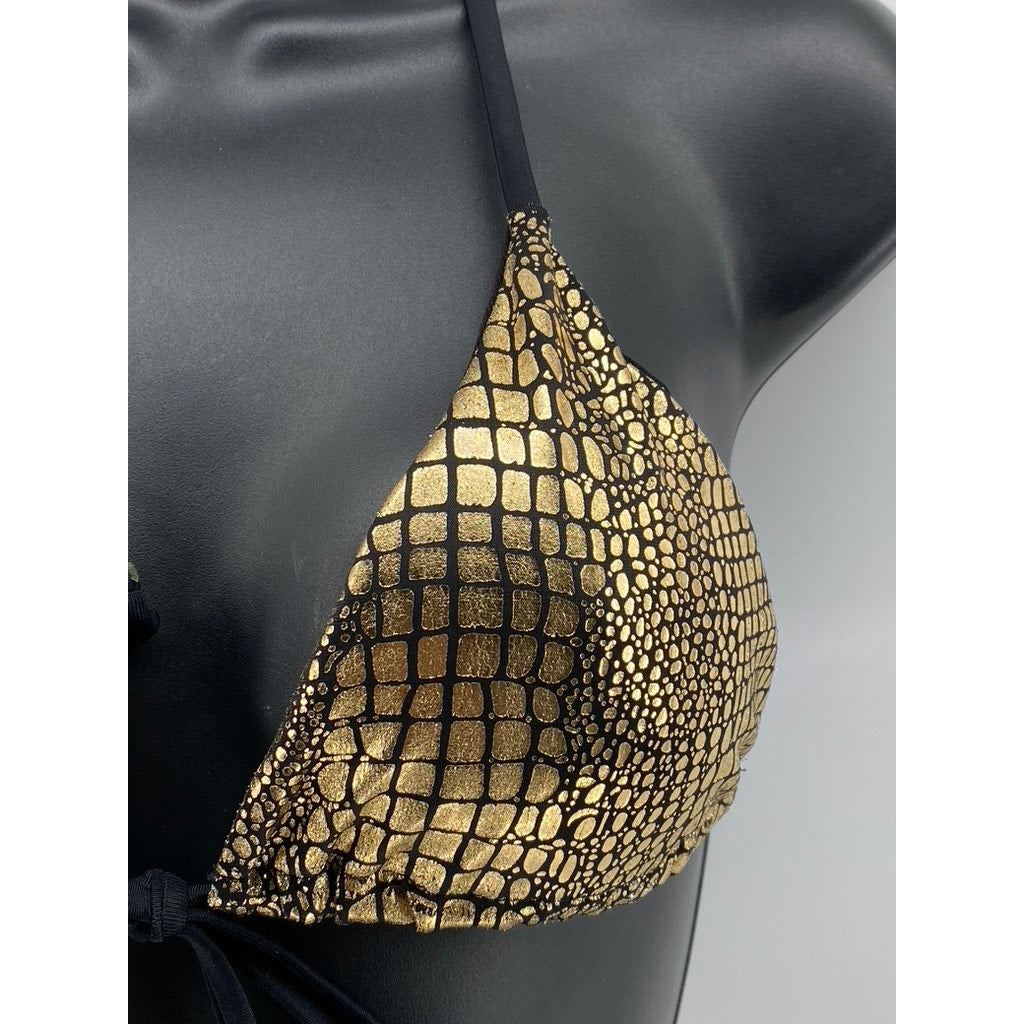 SHEIN Women's Black-Gold Metallic Snake Skin Tie-Front Bathing Suit Top SZ L