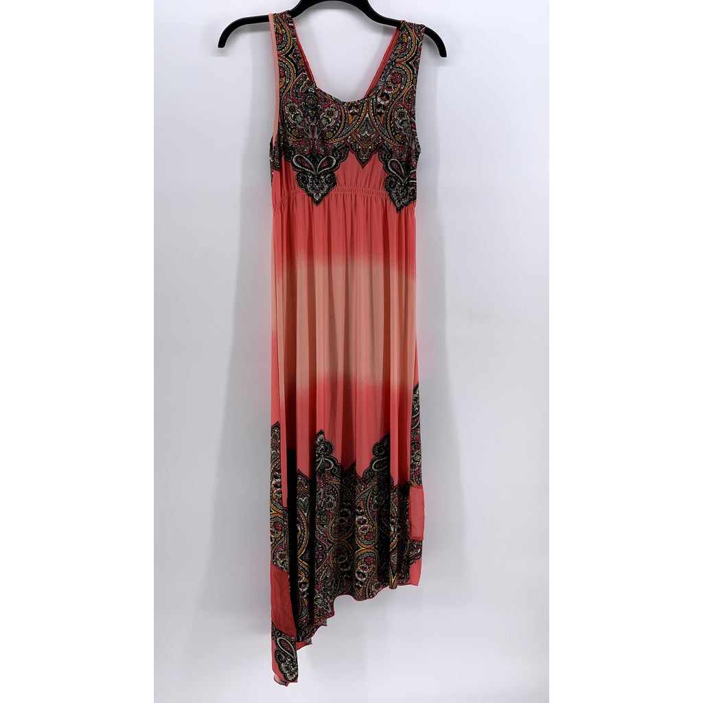 STYLE & CO Women's Peach Printed Lace V-Neck Asymmetrical Midi Dress SZ S