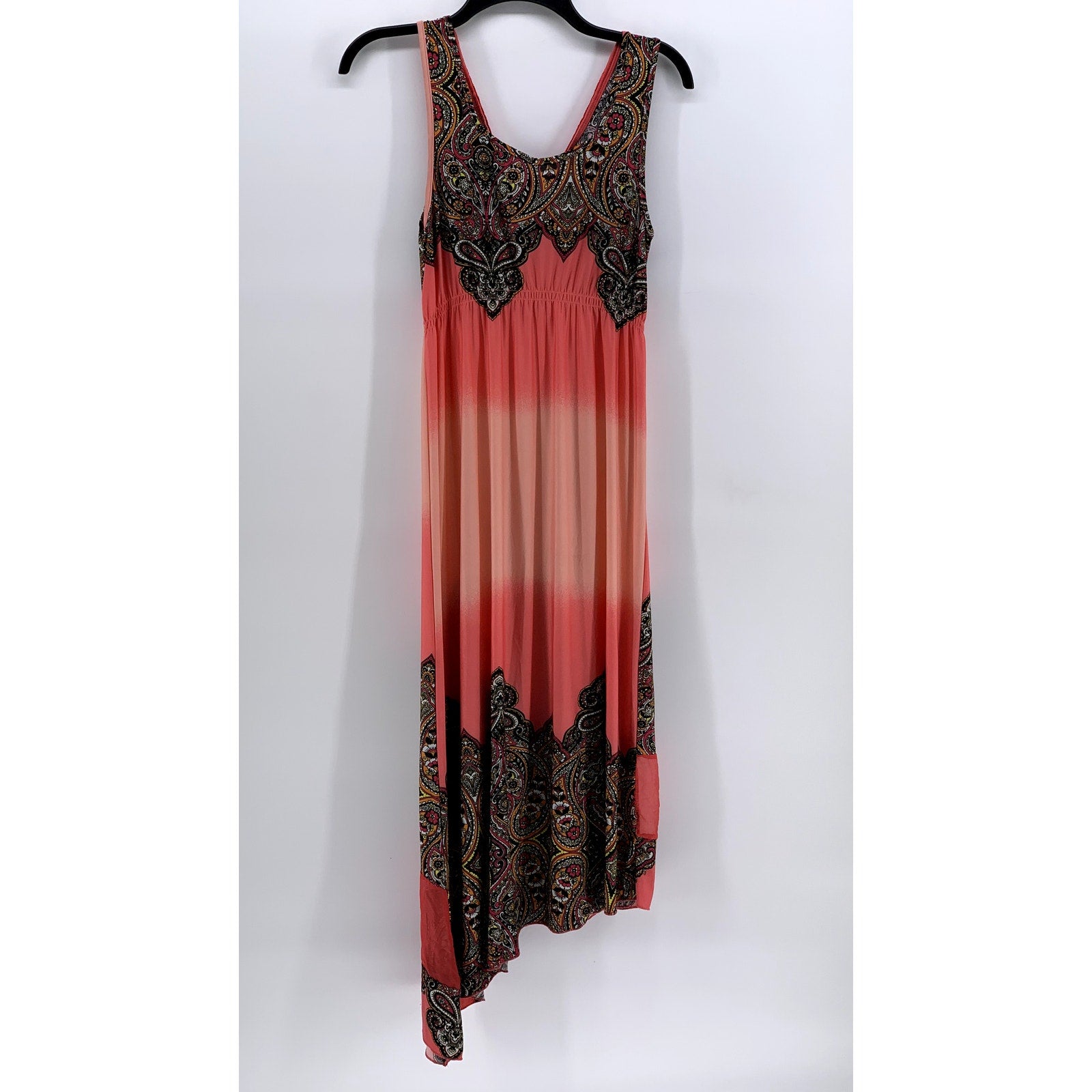 STYLE & CO Women's Peach Printed Lace V-Neck Asymmetrical Midi Dress SZ S