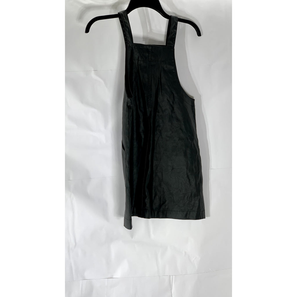 ZARA Girls Black Faux-Leather Snap-Button Overall Short Dress SZ 10