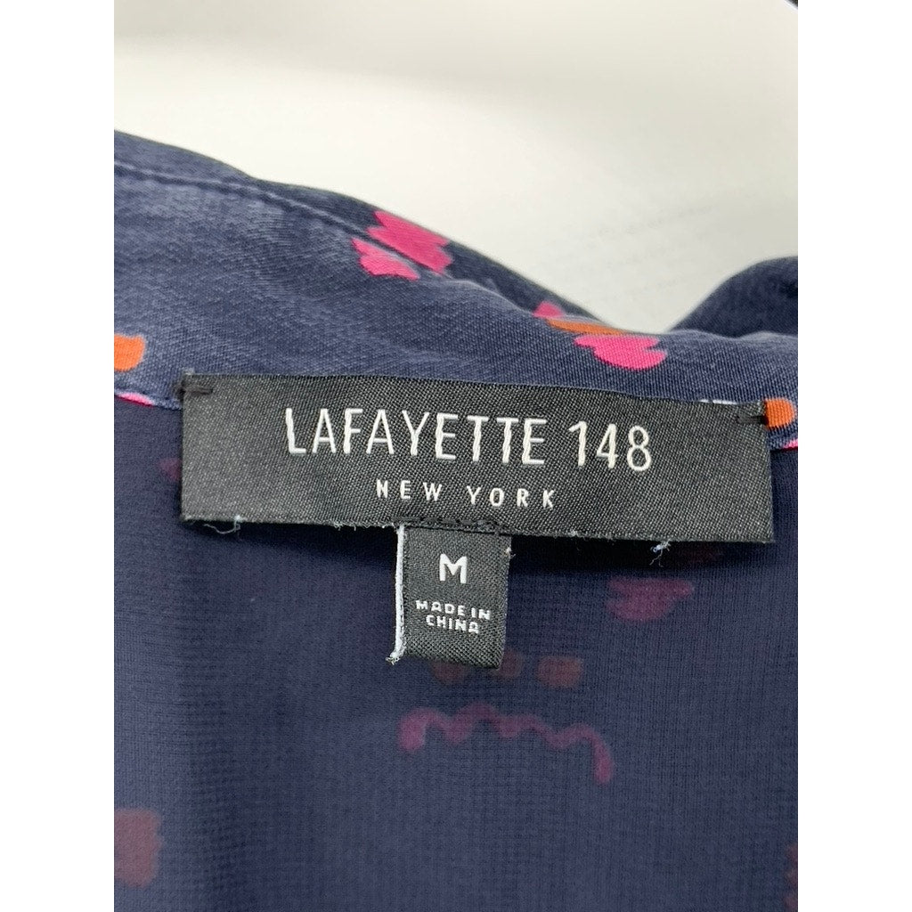 LAFAYETTE 148 NEW YORK Women's Navy Blue Silk Printed Doha Slit Shirtdress SZ M