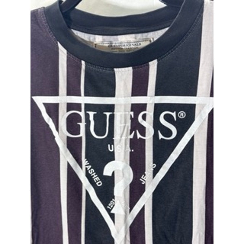 GUESS Men's Burgundy/Black Striped Vintage Crewneck Original Logo T-Shirt SZ L
