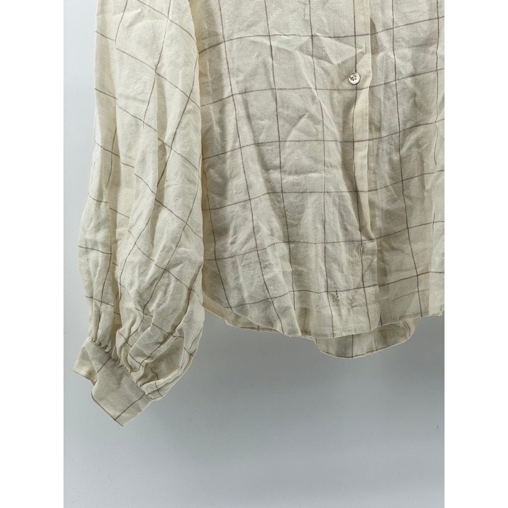 ROHE Women's Off-White Windowpane Linen Button-Up Long Sleeve Shirt SZ 42(US10)