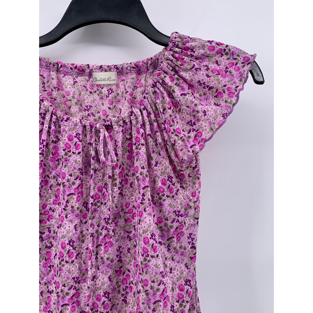 CHARLOTTE RUSSE Women's Pink Floral Scoop-Neck Short Flutter Sleeve Top SZ S