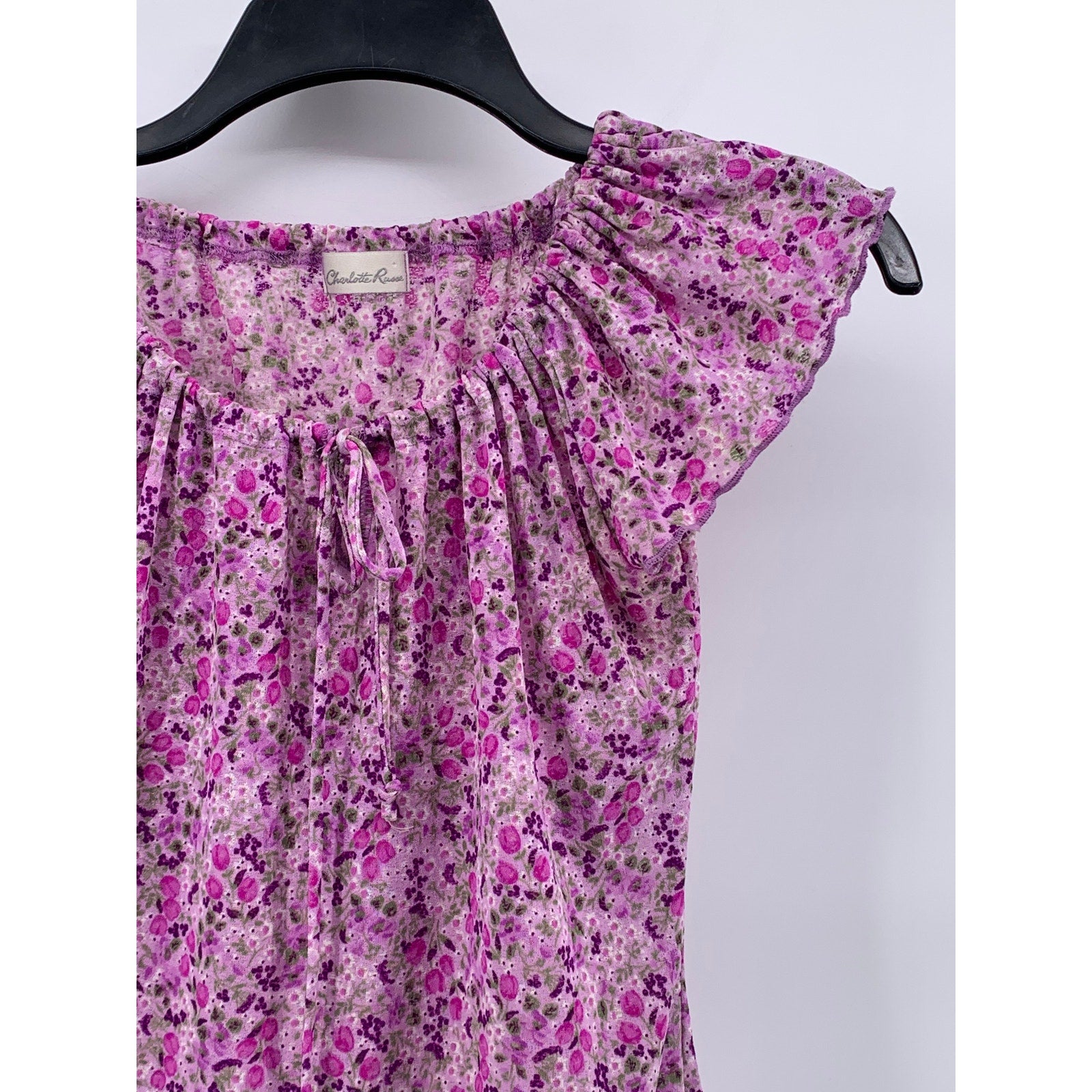 CHARLOTTE RUSSE Women's Pink Floral Scoop-Neck Short Flutter Sleeve Top SZ S