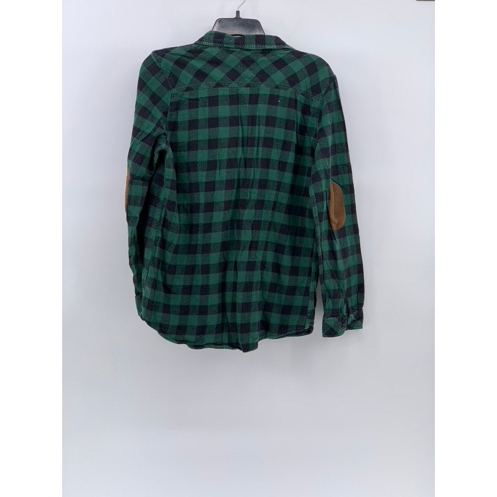 CI SONO Women's Black-Green Plaid Button-up Long Sleeve Regular-Fit Top SZ L