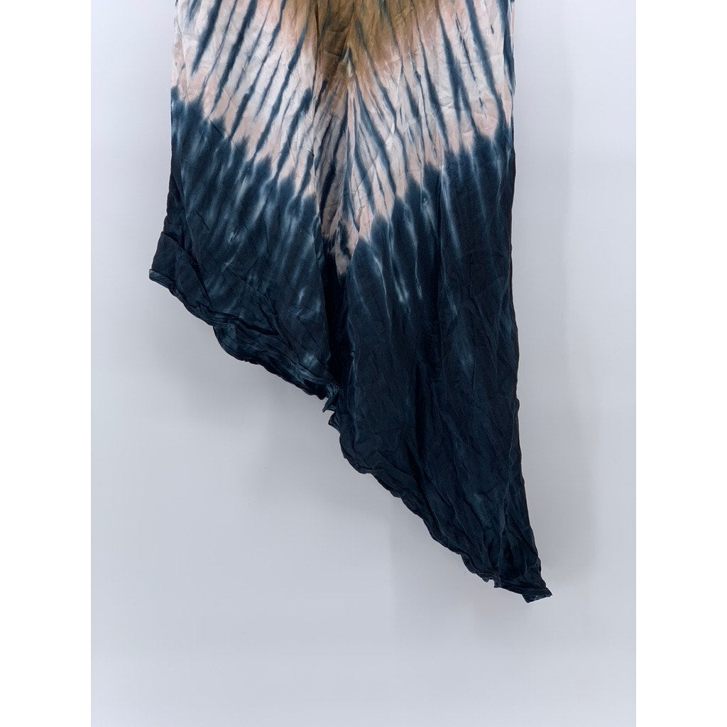 YOUNG FABULOUS & BROKE Women's Blue-Tan Tie-Dye Asymmetrical Midi Skirt SZ M