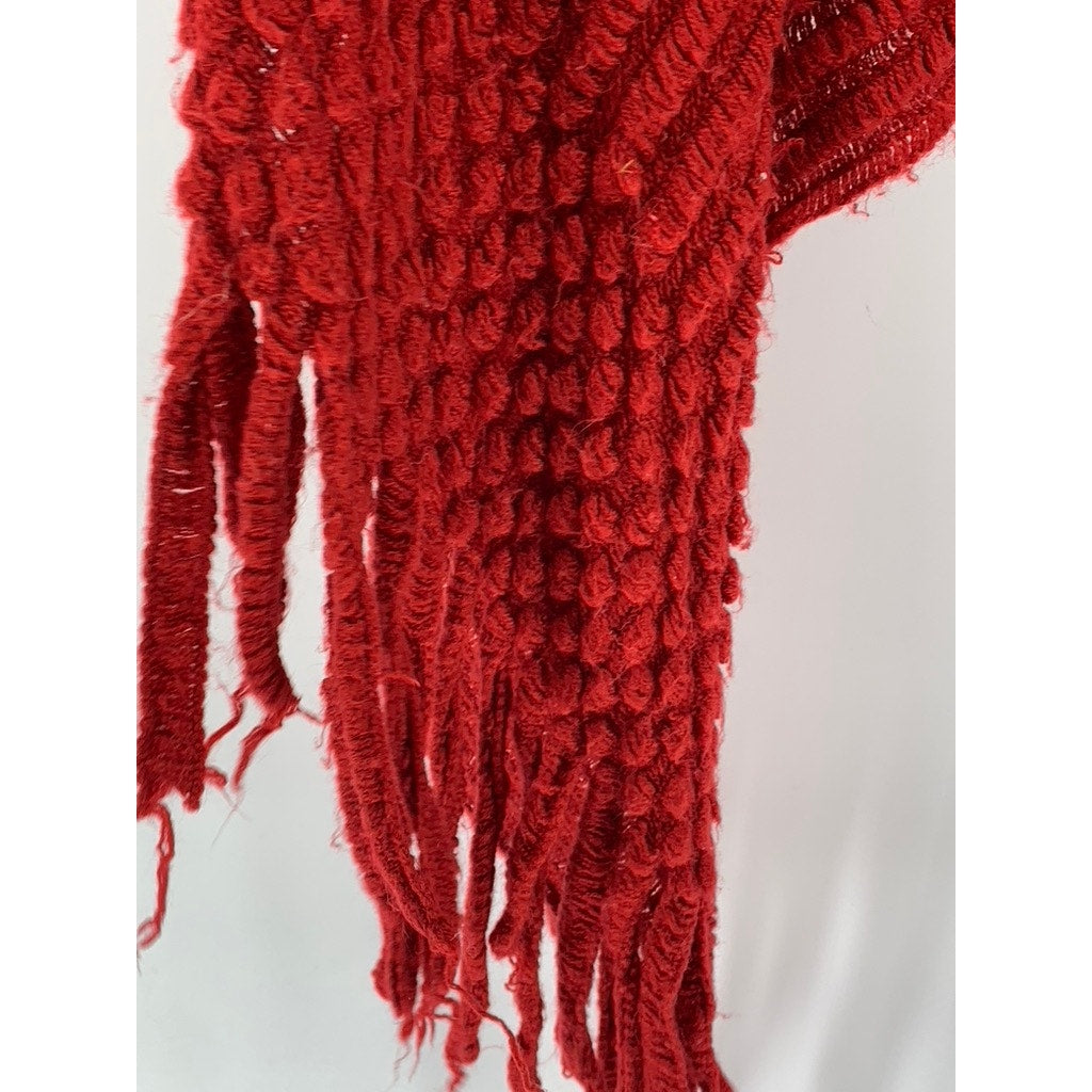 UNBRANDED Women's Red Textured Knit Asymmetrical Fringe Pullover Poncho SZ OS