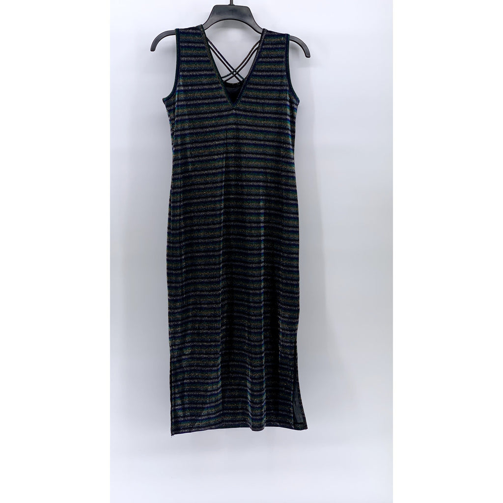 KEITH HARING By GGPX Women's Black-Multi Striped Metallic V-Neck Midi Dress SZ S