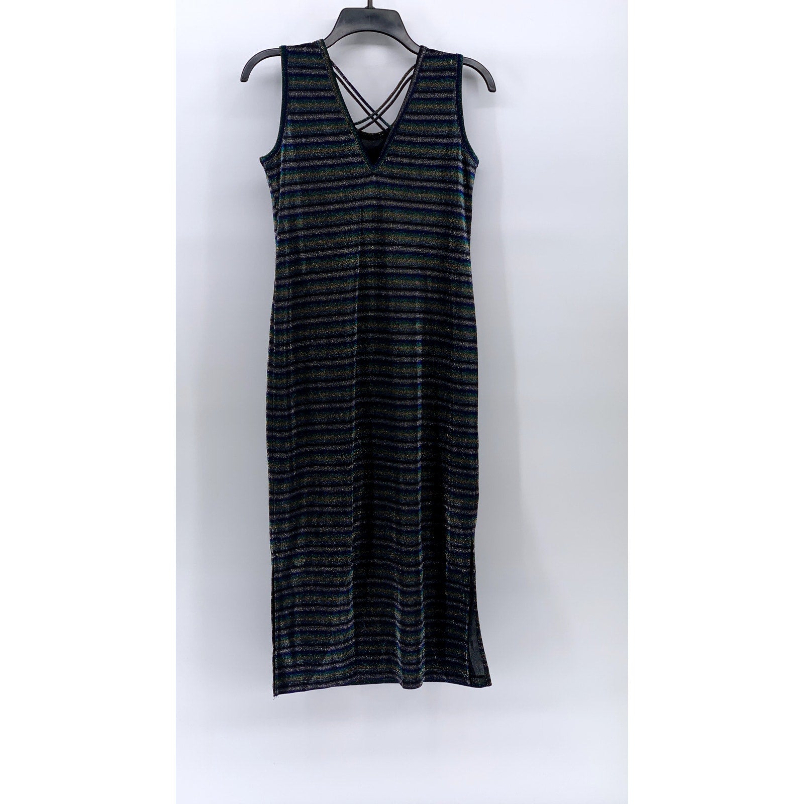 KEITH HARING By GGPX Women's Black-Multi Striped Metallic V-Neck Midi Dress SZ S