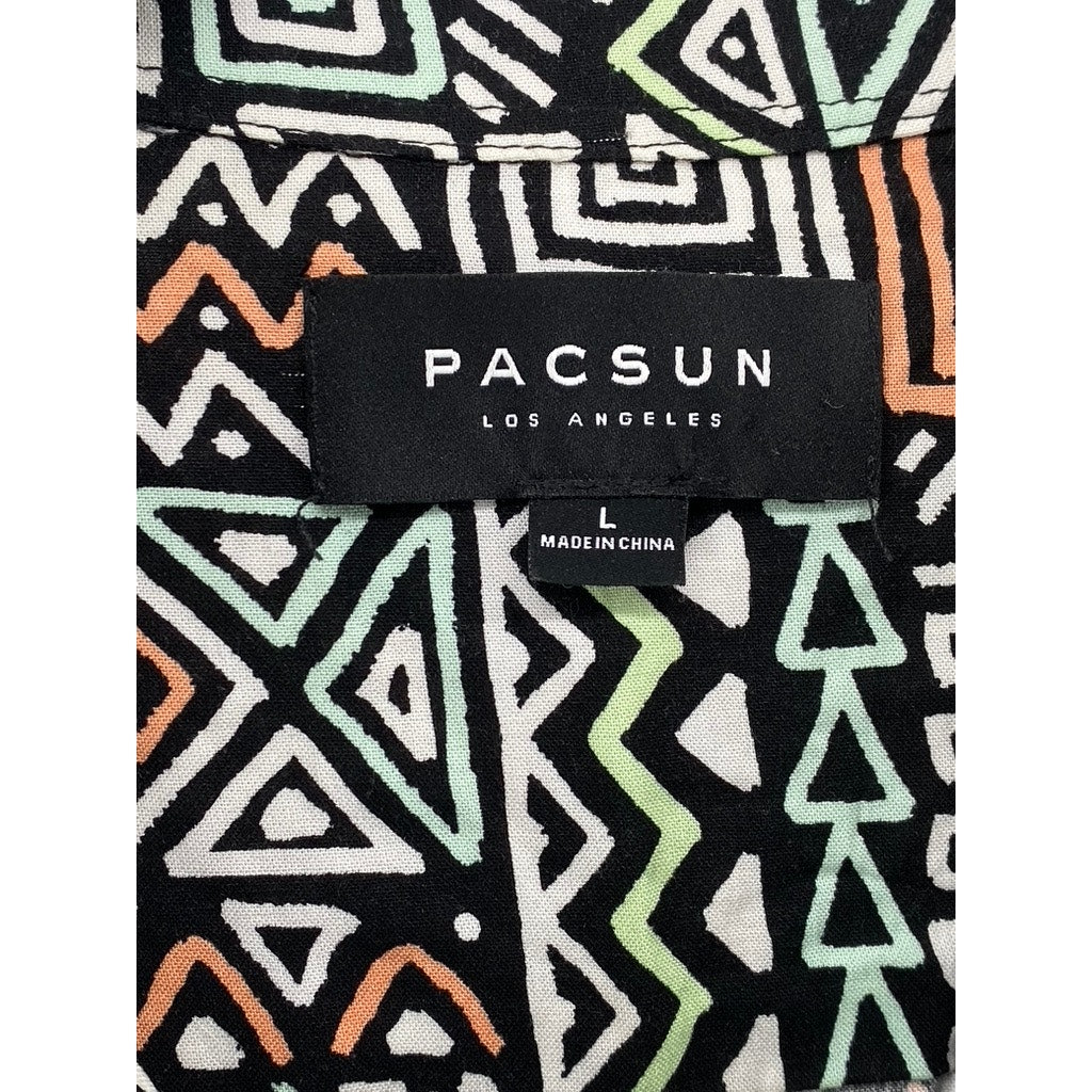 PACSUN Men’s Black-Multi Aztec Button-Up Regular-Fit Short Sleeve Shirt SZ L