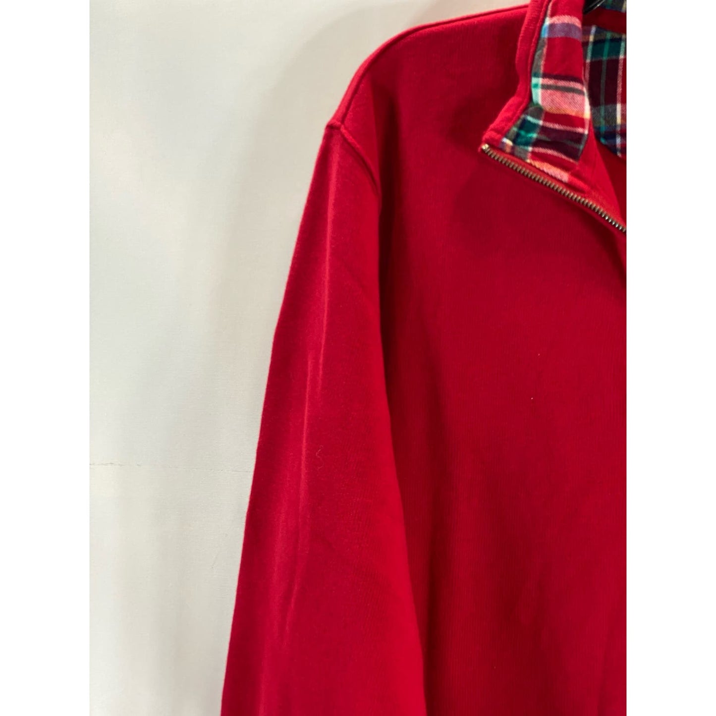 LANDS' END Men's Red Quarter-Zip Plaid Stand Collar Pullover Ribbed Sweater SZXL