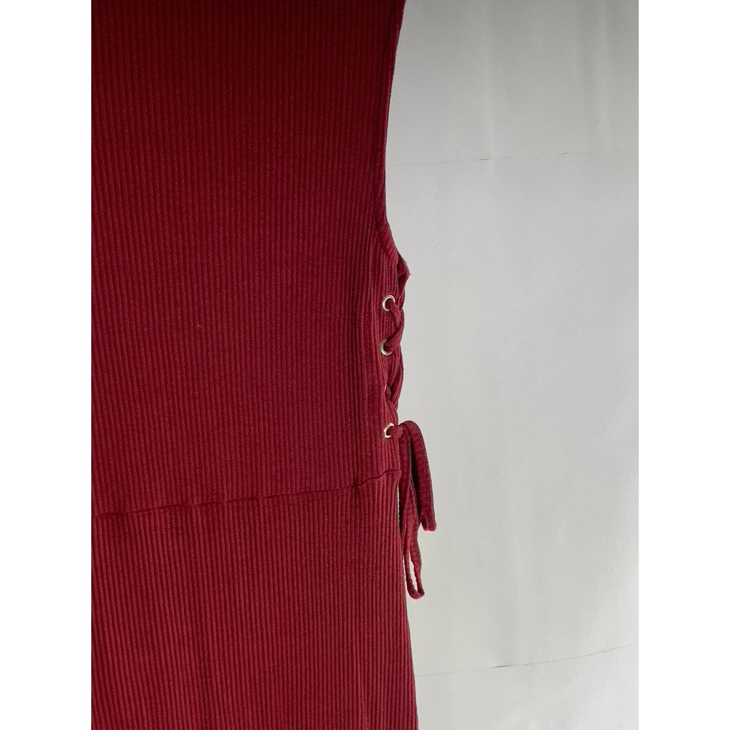 ASOS Women's Burgundy Ribbed Mock-Neck Sleeveless Ribbed Front-Slit Dress SZ 4