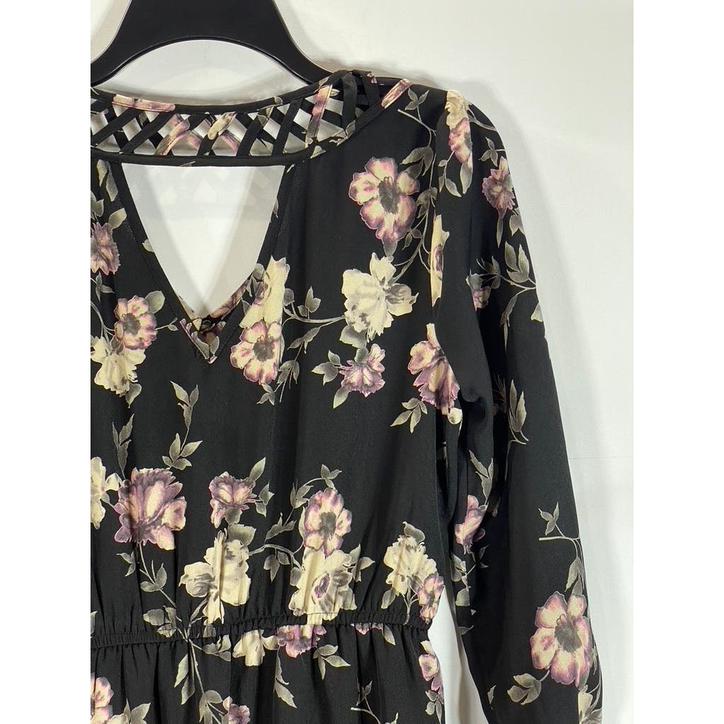 SKIES ARE BLUE Women's Black Floral Print Bronwyn V-Neck Long Sleeve Dress SZ S