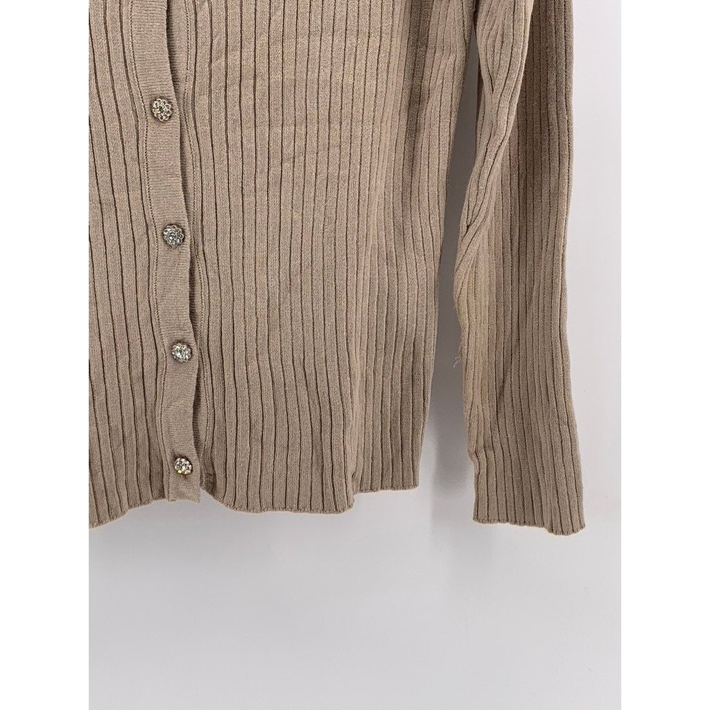 CALLIGRAPHIE Women's Tan Ribbed V-Neck Button-Up Cardigan SZ S