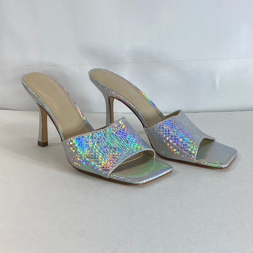 MARC FISHER Women's Silver Metallic Danria Embossed Square-Toe Sandals SZ 9.5