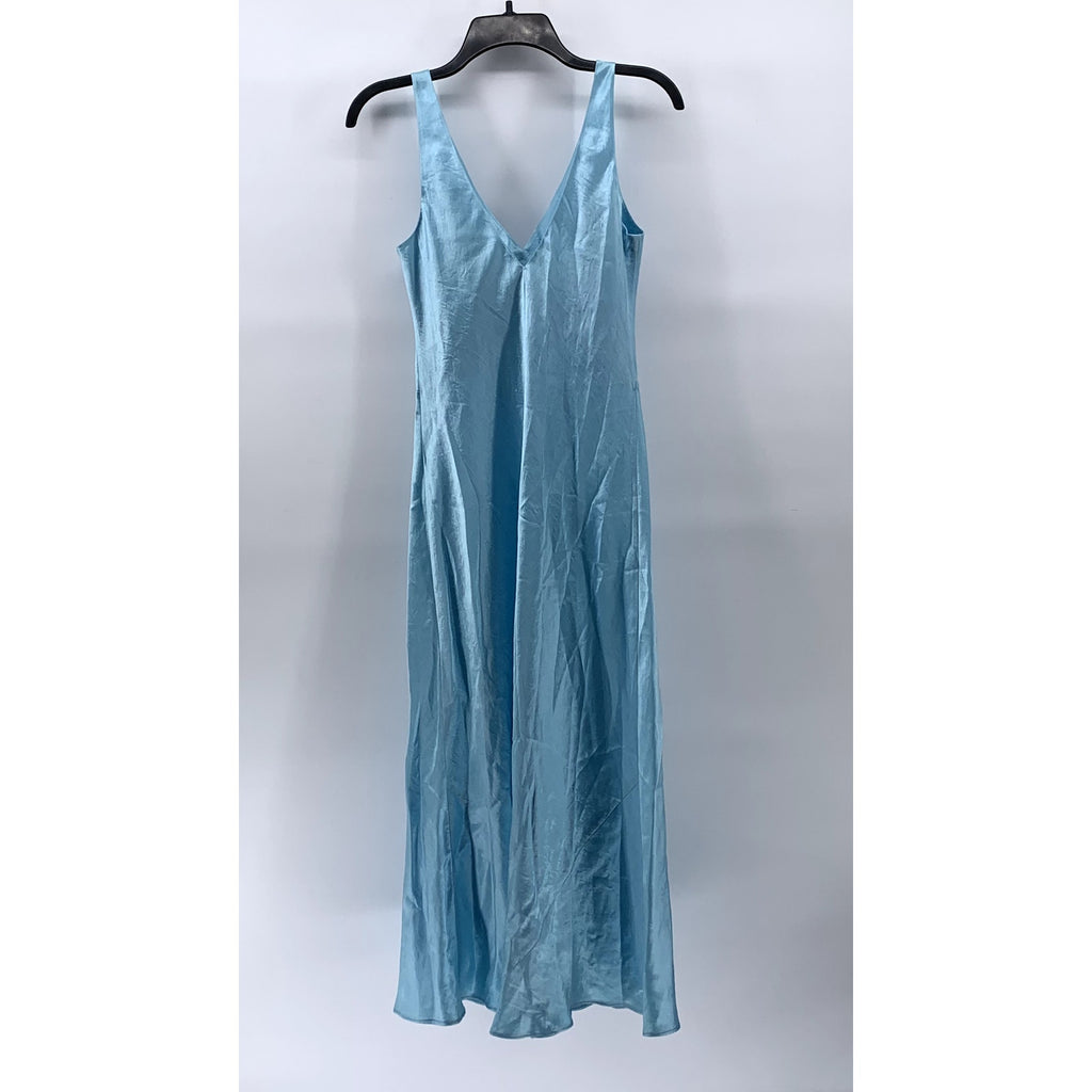 VINCE. Women's Light Blue Satin Double V-Neck Maxi Slip Dress SZ XS