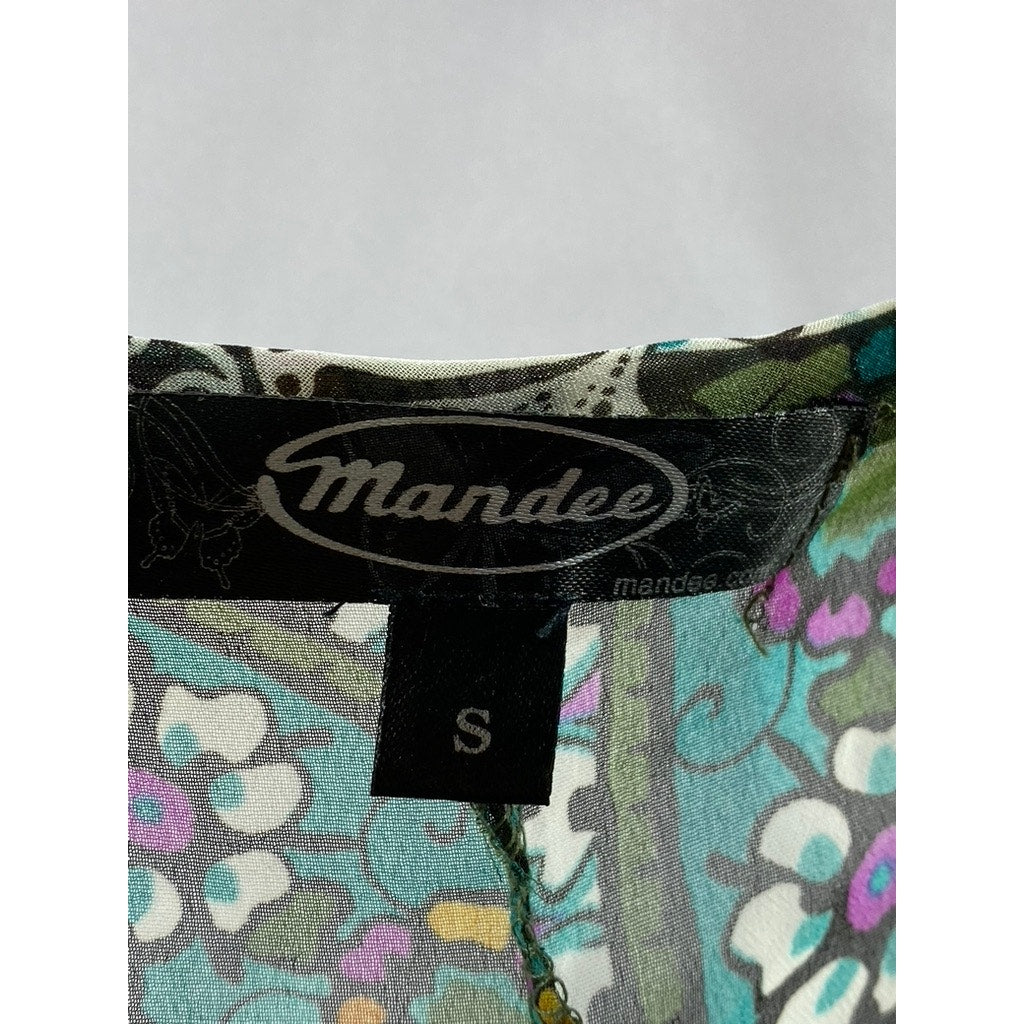 MANDEE Women's Green Sheer Printed Straight-Neck Cutout Shoulder Top SZ S