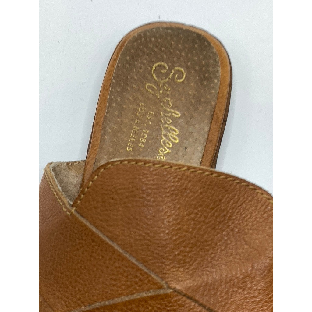 SEYCHELLES Women's Cognac Leather Almond-Toe Slip-On Flat Mule Shoes SZ 7.5