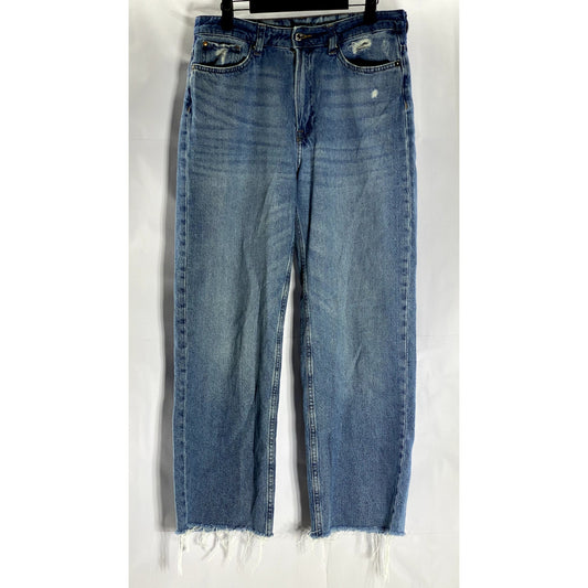 & DENIM Women's Blue High-Rise Raw-Hem Distressed Loose Straight-Leg Jean SZ 8