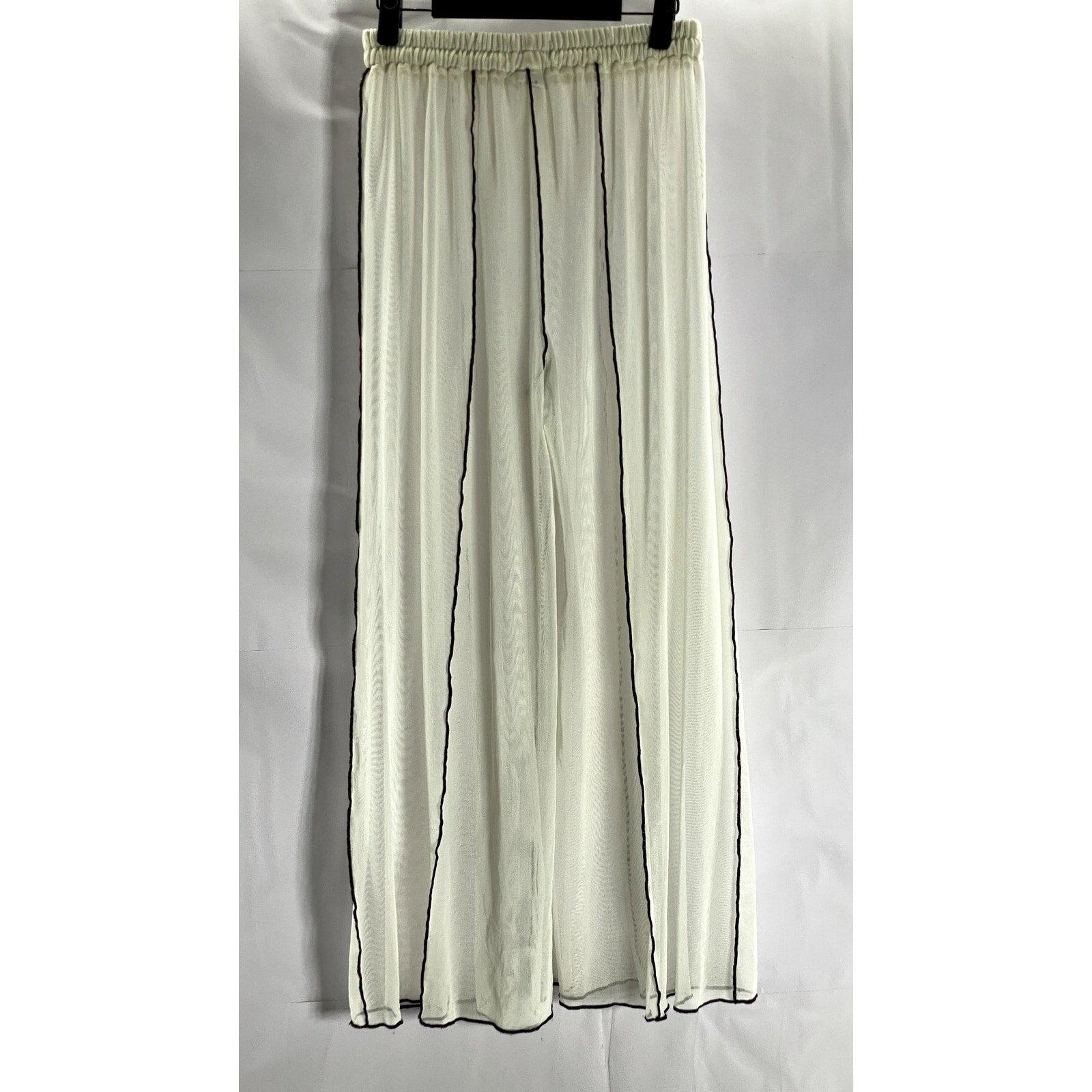 MOSSKAH Women's White Cream/Black Drawstring Striped Mesh Pant Cover Up SZ S