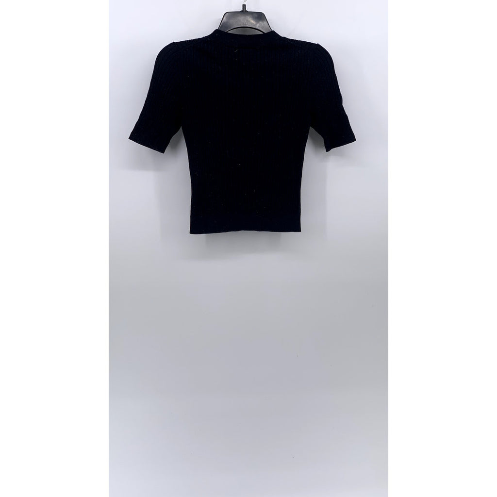 UNIQLO Women's Navy Rib Knit Short Sleeve Cropped Mock-Neck Top SZ M