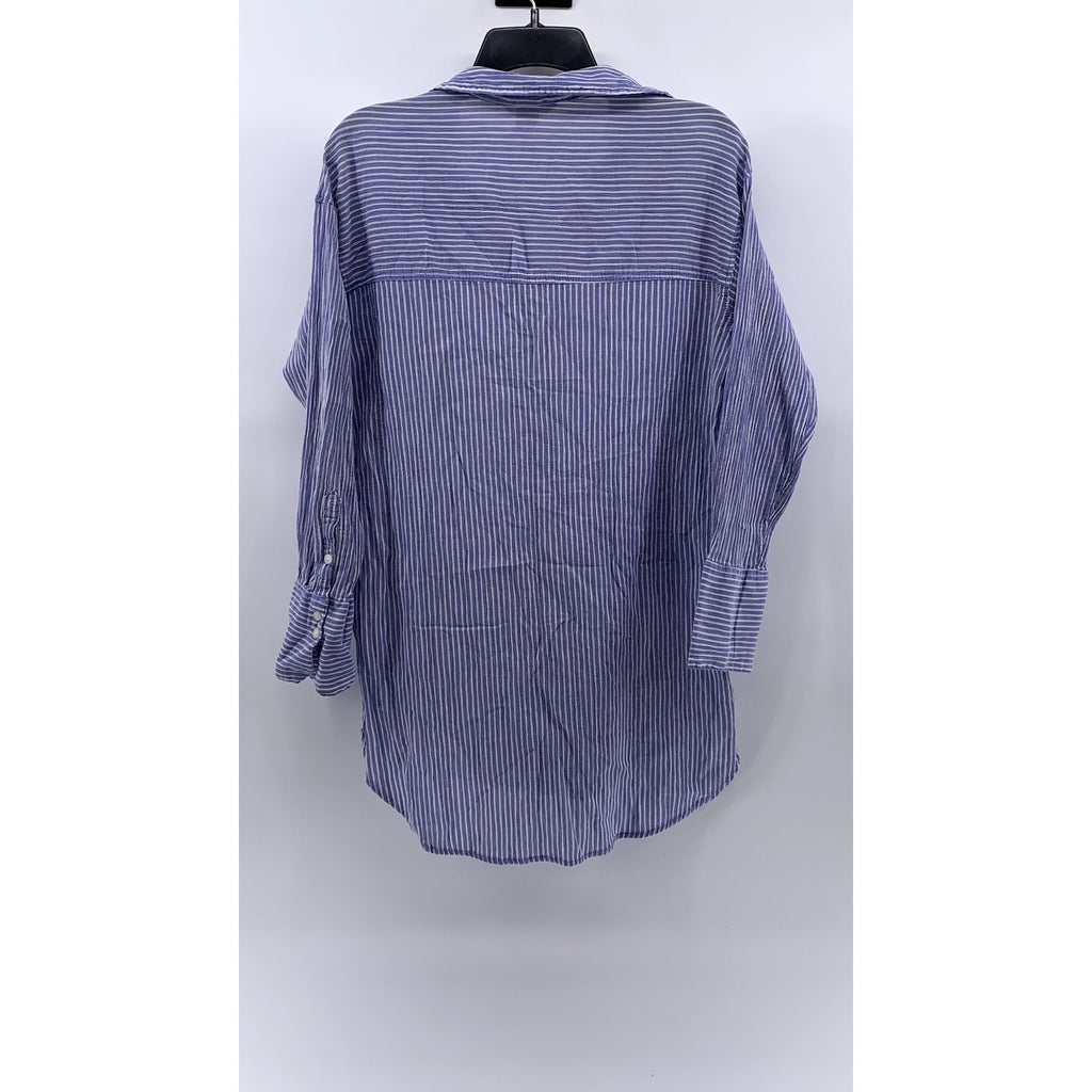 H&M Women's Blue Micro Stripe Oversized Button-Up Long Sleeve Tunic Top SZ XS