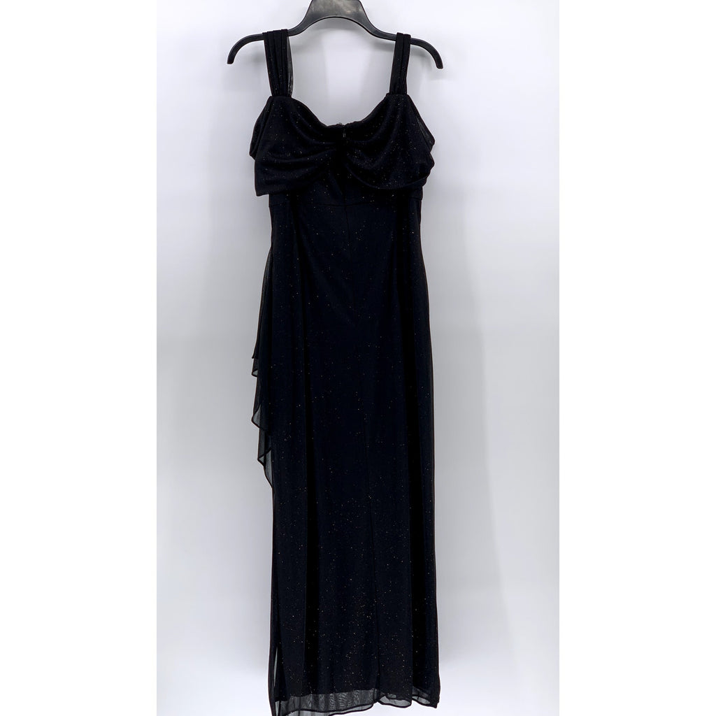 ALEX EVENINGS Women's Petite Black Shimmer Cold-Shoulder Draped Dress SZ 14P