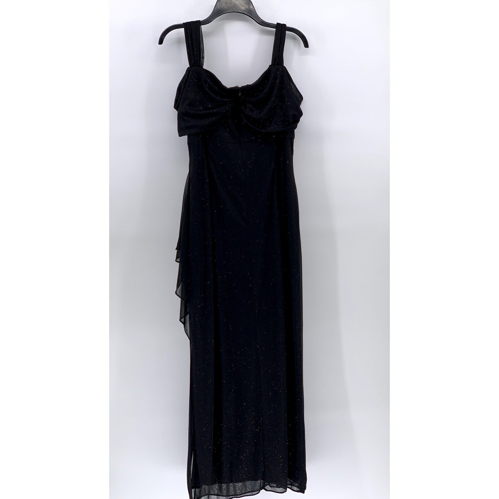 ALEX EVENINGS Women's Petite Black Shimmer Cold-Shoulder Draped Dress SZ 14P