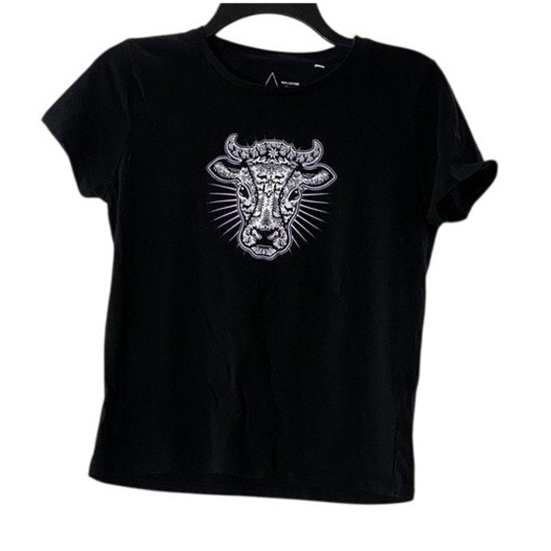 LVTK Women's Black Jenni Hemden Cow Print Crewneck Short Sleeve T-Shirt SZ S