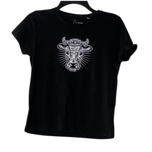 LVTK Women's Black Jenni Hemden Cow Print Crewneck Short Sleeve T-Shirt SZ S