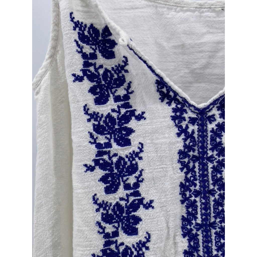 FOREVER 21 Women's White-Blue Embroidered Fringe Asymmetrical Tank SZ S
