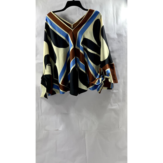 ZARA Women's Multi-Color Printed V-Neck Long Flare Tie Sleeves Top SZ S