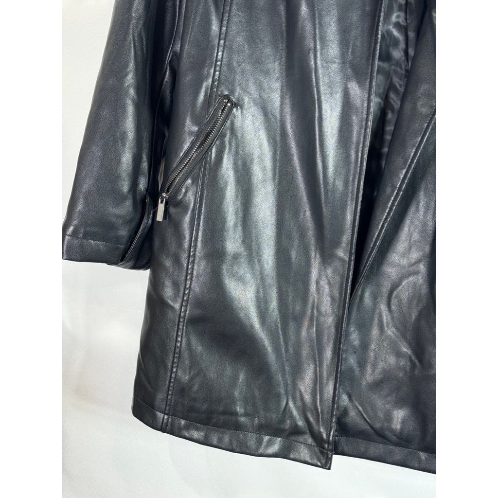 BAGATELLE Women's Black Faux Leather Grunge Chic Open Front Trench Coat SZ S