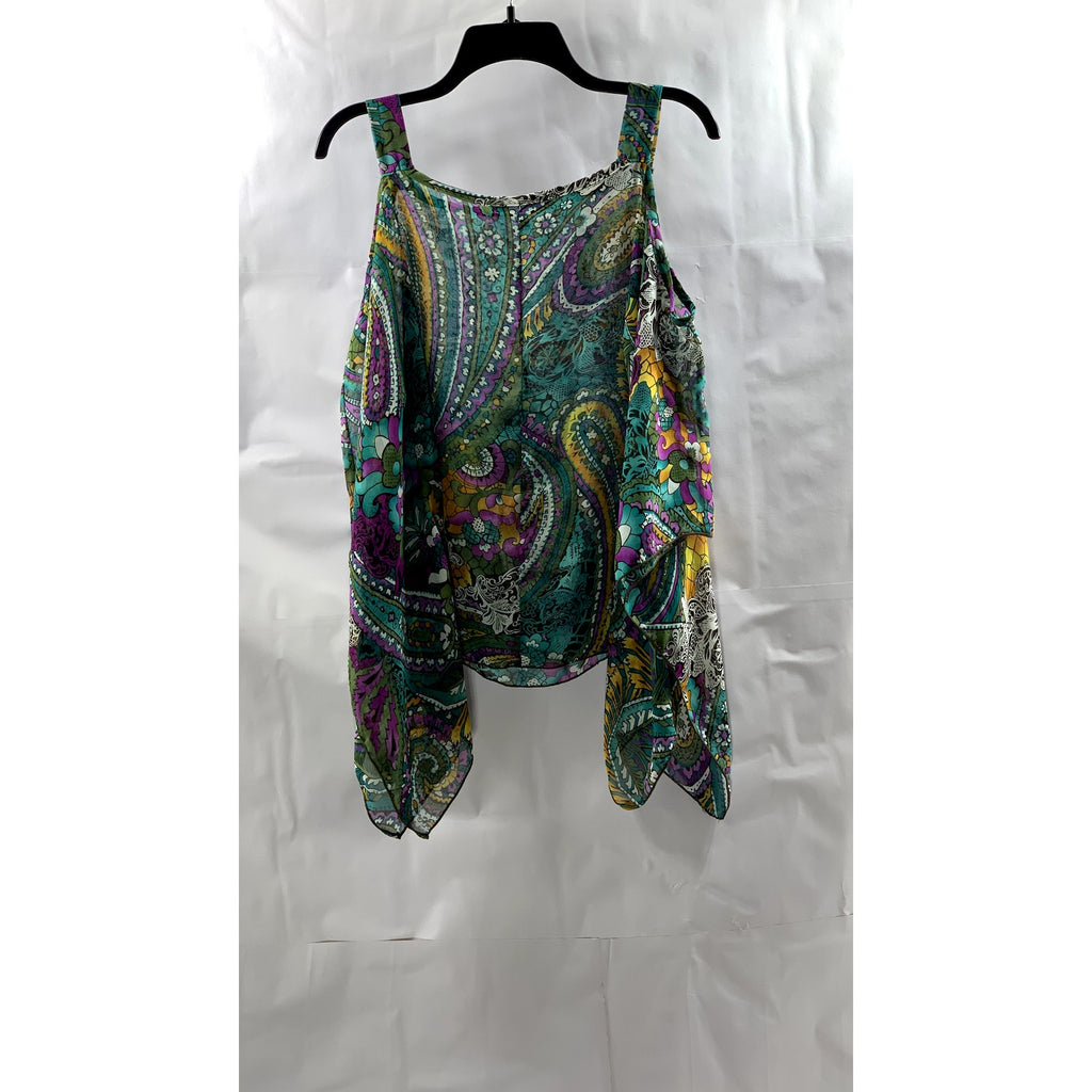 MANDEE Women's Green Sheer Printed Straight-Neck Cutout Shoulder Top SZ S